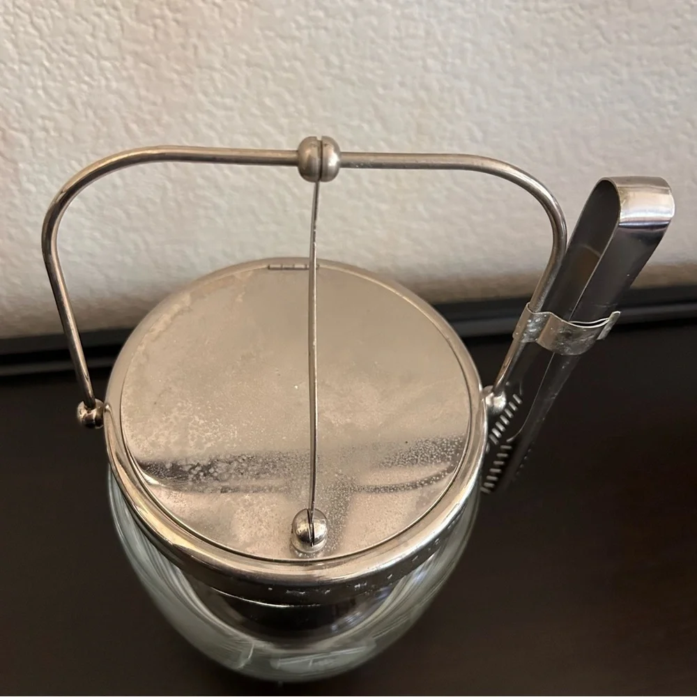 Vintage Mid-Century Modern Noritake Sasaki glass ice bucket etched floral tong